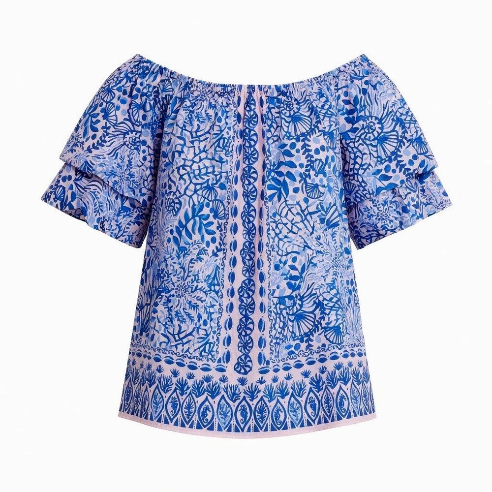 Lilly Pulitzer Off The Shoulder Top Sz XL Frankee Puff Sleeve Pink Blue Sea NWOT